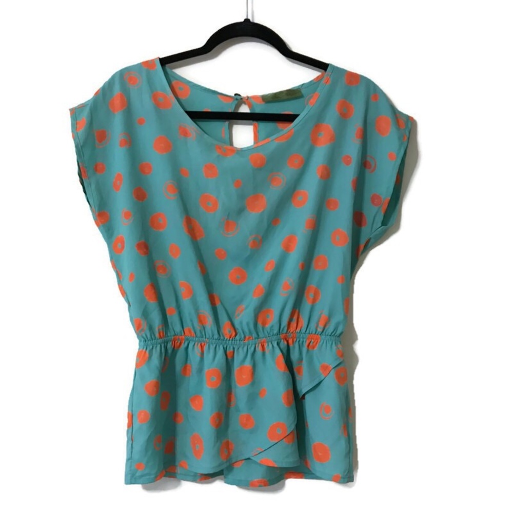 Whisper Teal Orange Dots M Short Sleeve Blouse